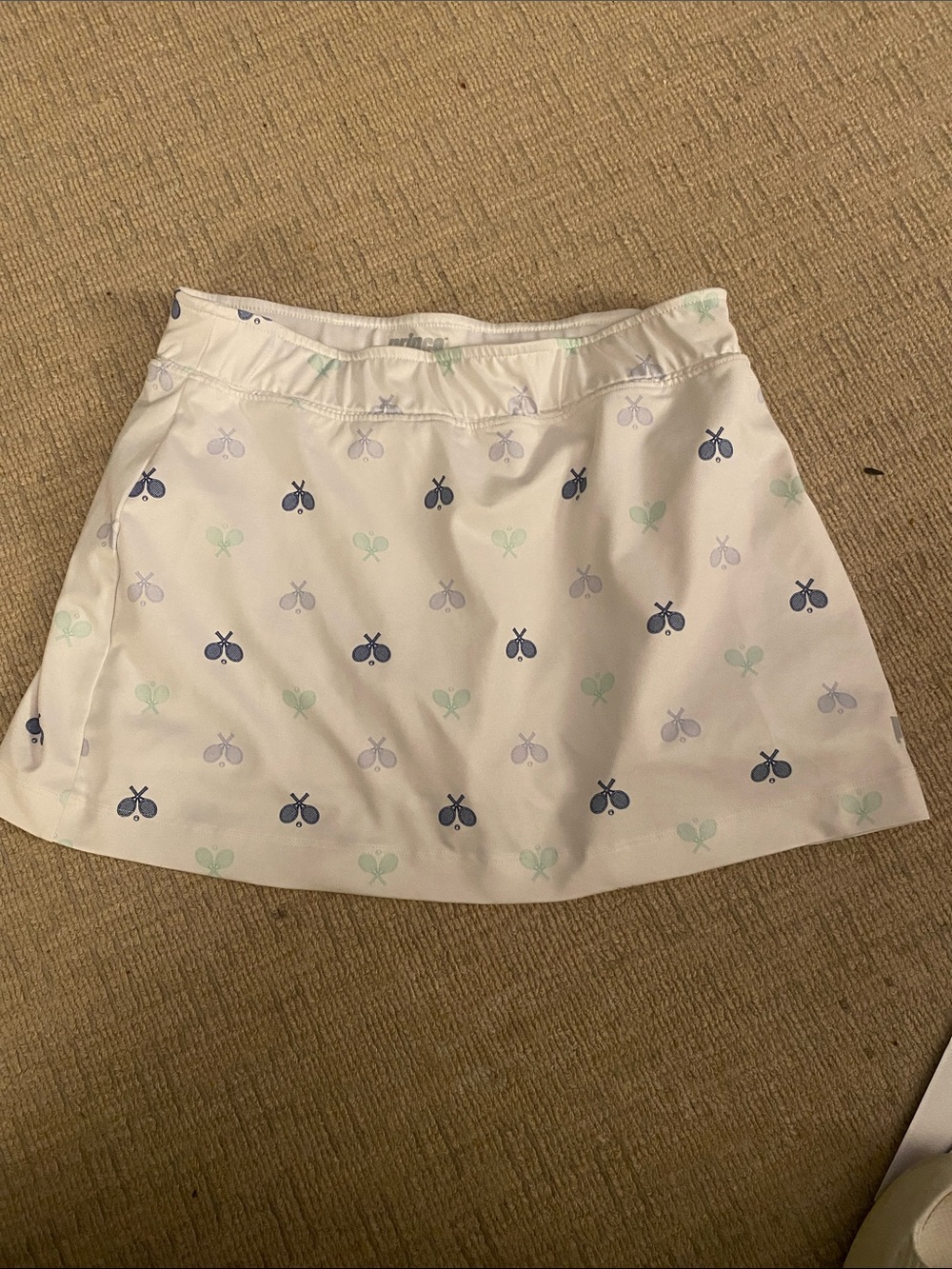 Prince White Tennis Skirt with shorts  w/ navy mint & light blue raquet patter
